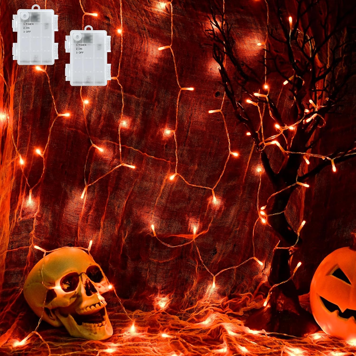 Halloween String Lights Battery Operated with Timer - 9.8ft 30LED Orange Waterproof Lights for Outside Decorations, Party, Yard, Pathway, Indoor and Outdoor 2 Packs