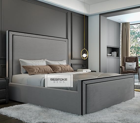 Fabric Upholstered Bed Frame, Ottoman Storage Bed Frame, Plush Velvet Bed Frame With Black Thread, Double King,Super King Bed Frames (Grey Naple, 5FT King Size)