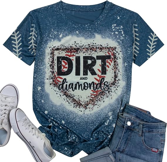 Baseball Shirts for Women Softball Game Day T-Shirt Dirt and Diamonds Baseball Shirt Funny Baseball Graphic Tee