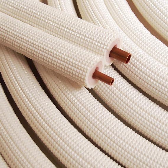 1/4" - 3/8" Insulated Copper Coil Line Set - Seamless Pipe Tube for HVAC, Refrigerant - 1/2" White Insulation EZ Twin Set - 25' Long