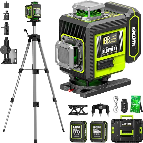 Alloyman Laser Level with Tripod, 4 360 Self Leveling Laser Level, Nivel Laser Green Line Lazer Leveler Tool for Picture Hanging, Home Renovation, Indoor Project, 2*Battery&Carrying Bag Included