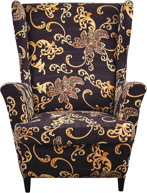 Wing Chair Slipcovers, 2 Pieces Print Wingback Chair Cover Stretch Spandex Armchair Slipcovers for Living Room Bedroom (Brown), TB00628