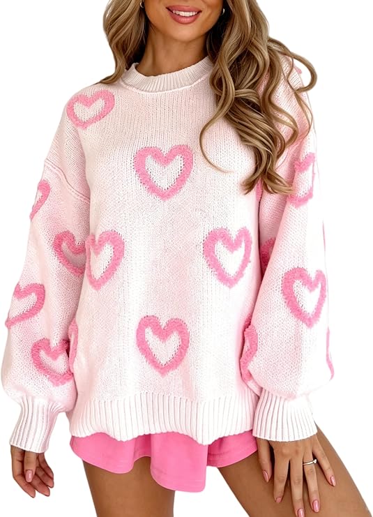 KMBANGI Women Heart Print Sweater Romantic Oversized Knitted Shirt Valentine Love Cute Graphic Long Sleeve Pullover Top