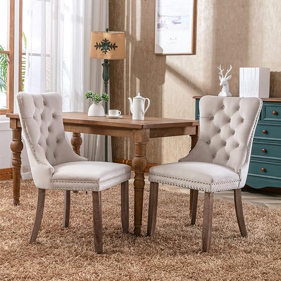 Modern Velvet Wood Dining Chairs Set of 2, Beige