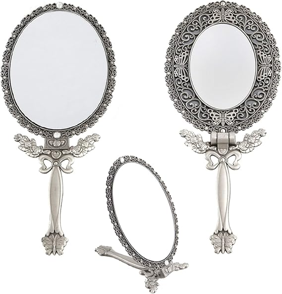 SEHAMANO Butterfly & Ribbon Pattern Foldable Hand Mirror with 2X Magnification Elegant Vintage Compact Mirror for Purse, Desk & Vanity (Tin (Matt Gray), Large)