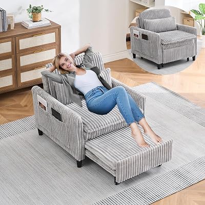 Convertible Sofa Bed, 3 in 1 Corduroy Fabric Pull Out Sleeper Loveseat Sofa Couch Beds with Movable Side Table & USB Charging Ports for Living Room Bedroom Guest Room Office Gray 1 Seat