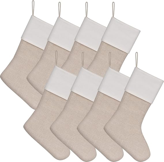 Christmas Stocking 18 Inch 8 Pack Light Linen Hanging Xmax Personalized Stockings Bulk for Sublimation Blanks