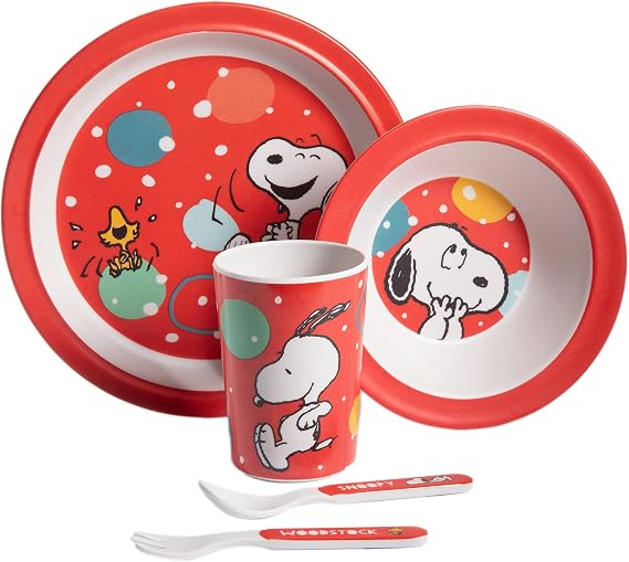 Peanuts Snoopy Fun Times 5-Piece Bamboo Melamine Dinnerware Set For Kids - Red