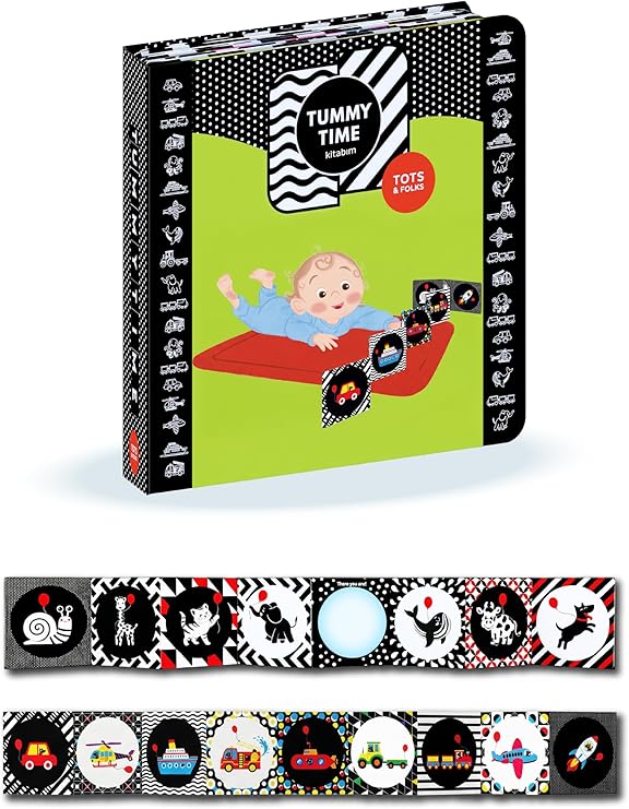 TOTS & FOLKS Tummy Time Kitabım - Bebek Aynası ve Katlanır Kitap - Yüksek Kontrastlı Board Book - Eğitici Bebek Kitabı