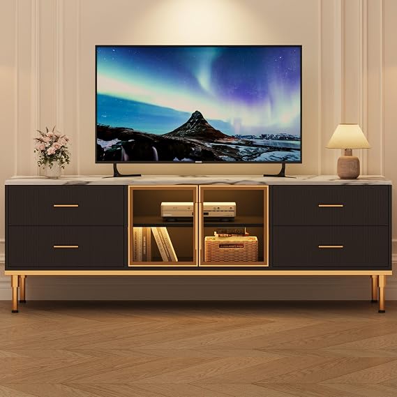 GarveeHome 65 in TV Stand with LED Lights, Modern Entertainment Center with 4 Drawers & Shelves & Glass Doors, TV Console Table for 55/65/75 in TV, Large Low Profile TV Stands for Living Room,Black