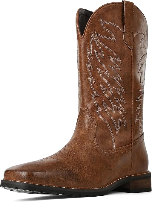 femflame Cowboy Boots for Men Square Toe Embroidered Mens Cowboy Boots Distressed Work boots Traditional Western Boots