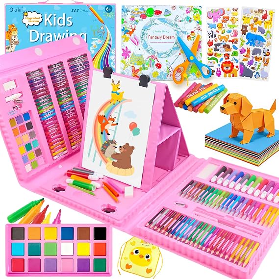 Okiki 297Pcs Art Set for Kids, ASTM Certified Easel Drawing Kit for Kids | Art kits for kids 6-12, Double-sided Trifold Easel, Scissors Apron Coloring Book, Portable Case, Birthday Holiday Gift