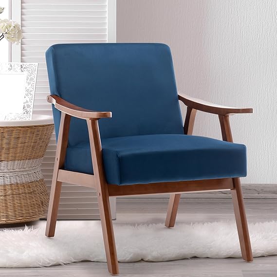 Mid Century Modern Chair, Upholstered Armchair with Solid Wood Frame in Walnut Finish, Reading Chairs with High Back for Living Room Bedroom Waiting Room (Velvet, Blue)