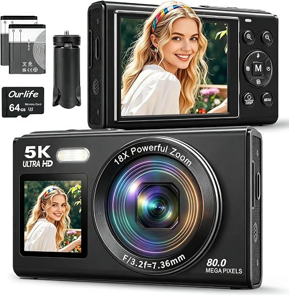5K 80MP Digital Cameras for Photography with Tripod 2 Batteries 64GB