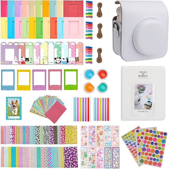 Instant Mini 12 Accessories, Camera Case for Instax Mini 12 with 64 Pockets Photo Plbum and Colour Filters/Picture Frames/Wall Decoration Frames/Frame Stickers/Corner Stickers (White)