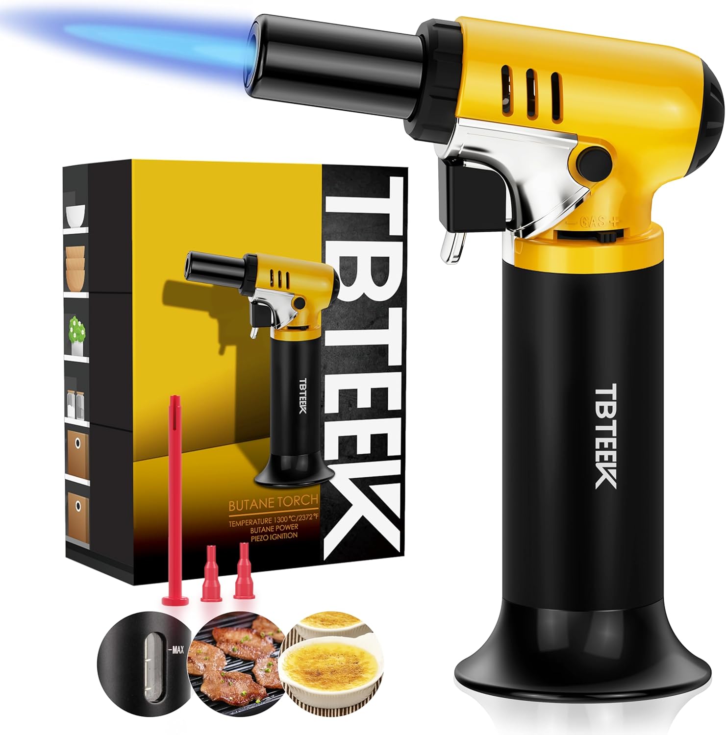 TBTEEK Kitchen Torch, One-Hand Operation Butane Torch Lighter with Gas Gauge, Adjustable Flame for BBQ, Baking, Brulee Creme, Crafts and SolderingButane Gas Not Included