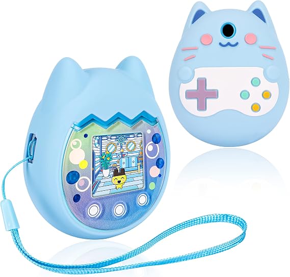 Silicone Cover Compatible with Tamagotchi Pix Virtual Pet Game Machine, Protective Sleeve for Tamagotchi Pix with Finger Lanyard, Soft Cover for Tamagotchi Pix Pet Toy (Blue)