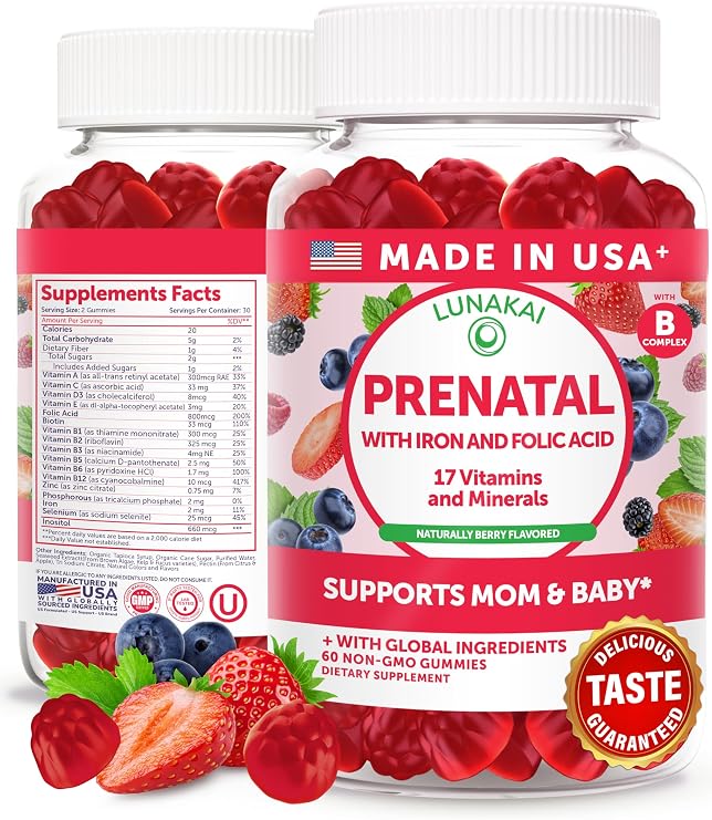 Lunakai USA Made 17-in-1 Prenatal Vitamins for Women with Iron & Folic Acid Delicious Daily Prenatal Gummies for Maternal Wellness Support, 60ct