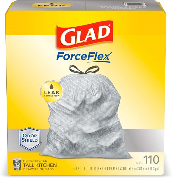 GLAD ForceFlex Tall Kitchen Drawstring Trash Bag - 13 Gallon White Trash Bag for Kitchen Trash Can, Odor Shield, Odor Eliminator, Leak Protection, 110 Count