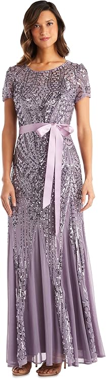 R&M Richards Women's Sequin Evening Gown with Panel Godet Skirt, Ribbon Sash & Short Sleeve for Mother of the Bride, Party