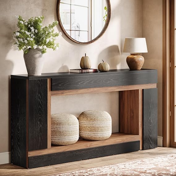 Tribesigns 63-Inch Long Console Table for Entryway, 2-Tier Narrow Wooden Rectangular Sofa Table Behind Couch for Hallway, Entrance, Foyer, Front Door, Living Room, Black & Walnut