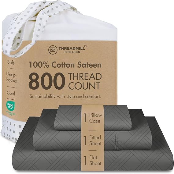 Threadmill 800TC Cotton Twin Sheet Set, Jacquard Damask, Dark Grey, 3-Piece