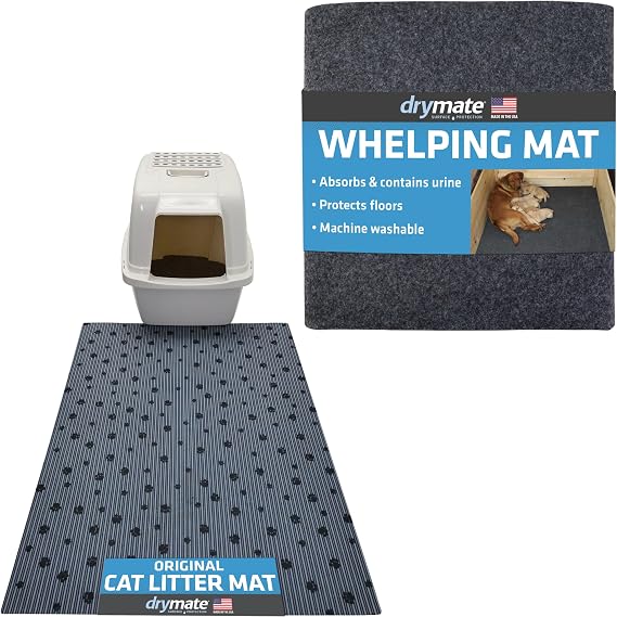 Drymate Original Cat Litter Mat, Grey Stripe Black Paw, 28" x 36" & Whelping Box Liner, Charcoal 48" x 50", Made from Recycled Content & USA Made, 2 Item Bundle
