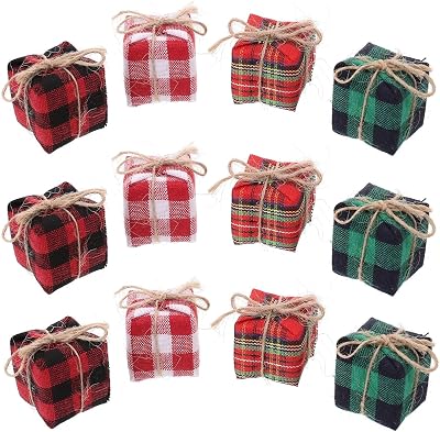LOGOFUN 12Pcs Miniature Gift Box Christmas Mini Buffalo Plaid Present Boxes Xmas Small Candy Boxes Doll House Accessories for Party Supplies