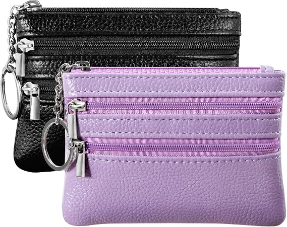 Chelmon 2 Pack Coin Purse Pouch Change Card Holder Wallet with Keychain for Women and Men (Black & Light Purple)