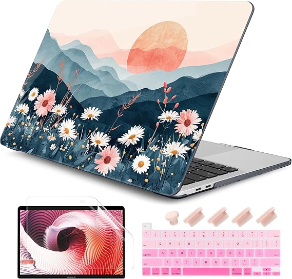 DONGKE Compatible with MacBook Pro 13 inch Case 2024 2023-2020 Release A2338 M2/M1 A2251 A2289 with Retina Display & Touch ID, Plastic Hard Shell & Keyboard Cover & Screen Film - Sun & Daisie