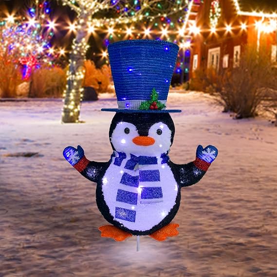 Lighted Penguin Outdoor Christmas Decorations, Pop-Up Penguin Outdoor Decor Prelit 60 Lights, Collapsible Lighted Blue Christmas Decorations for Porch, Yard, Garden-Blue