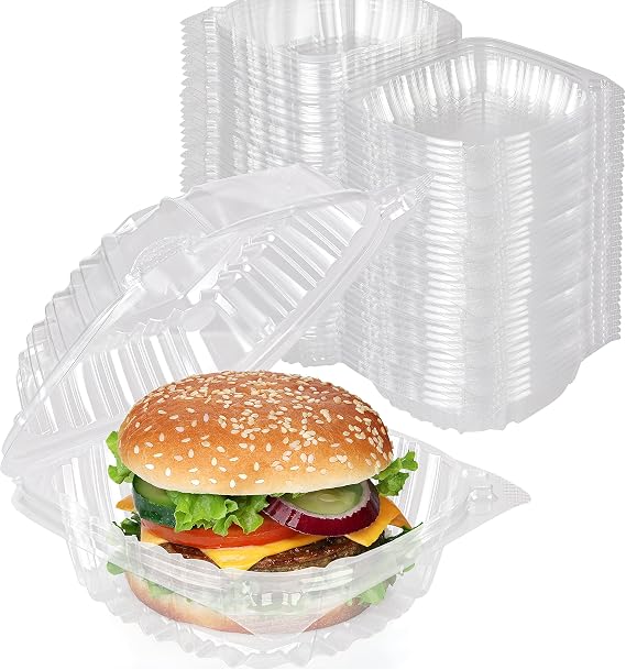 Disposable Plastic To Go Containers with Clear Lids (100 Pack) Fancy Hinged Top Square Clamshell Food Boxes for Take Out, Home Party Togo Clam Shell Box to Carry Cake, Dessert, Small Sandwich