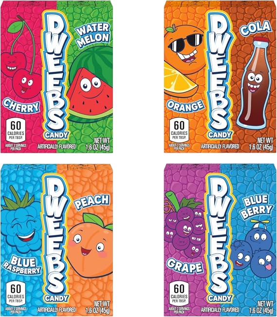 Dweebs Candy Sweets – 4 Pack Bundle – Cherry & Watermelon, Orange & Cola, Blue Raspberry & Peach, Grape & Blueberry – American Crunchy Bits Dual Flavour Boxes - 45g Boxes