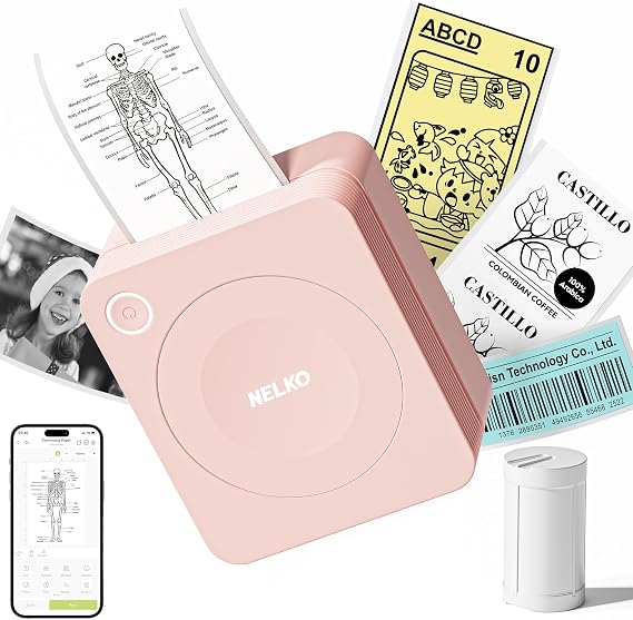 Nelko Mini Sticker Printer, PM230 Print Pod with 1 Roll of Paper, Pink | Bluetooth Portable Sticker Printer, Smart AI App & Multiple Templates for Phone & Tablet, Ideal for School, Home & Office
