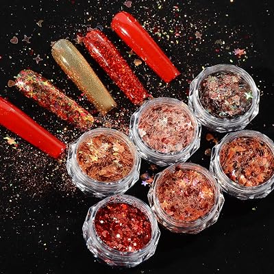Holographic Nail Glitter 6 Boxes Nail Art Sequins Sparking Vintage Gold Chunky Glitter Sequins Flakes Nail Art Design Manicure Tips Decoration Maillard Red Nail Glitter