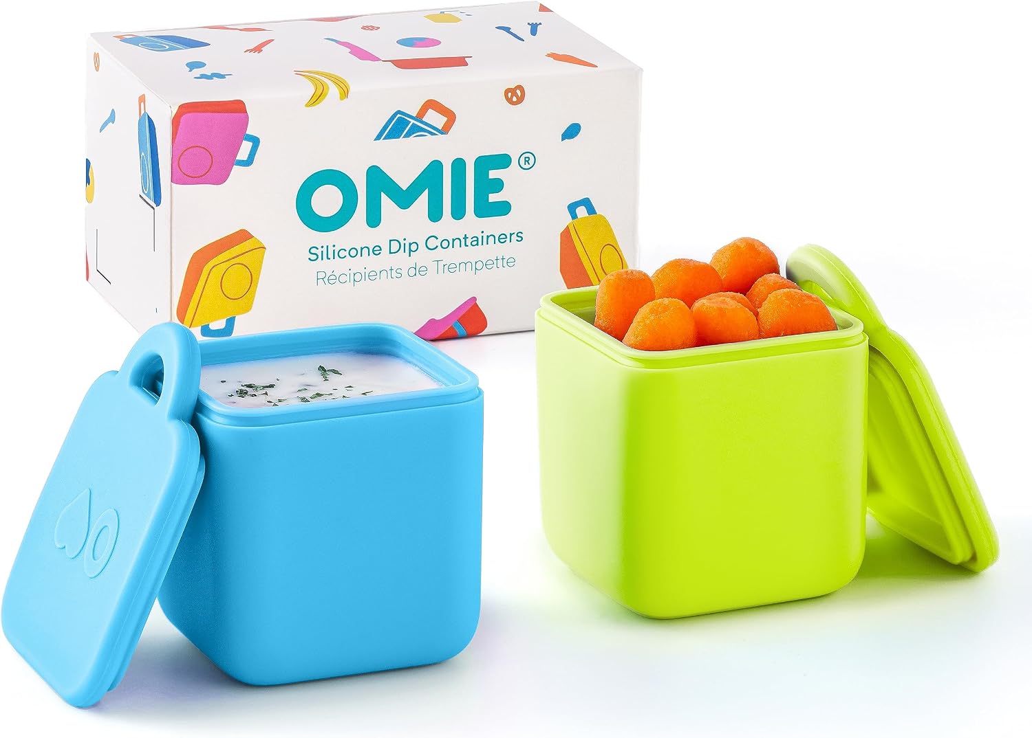 OmieBox 2 Pack Leakproof Dips Containers to Go, Salad Dressing Container, Condiment Container with Lids - Food Safe Silicone - 4 Ounces BlueLime