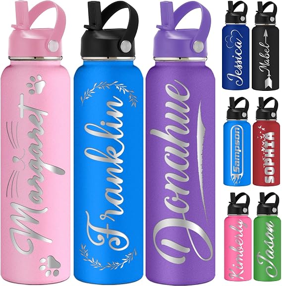 Custom Water Bottle Engraved Name 12/18/24/32oz Personalized Water Bottles for Kids Customized Stainless Steel Insulated Bottle with Straw