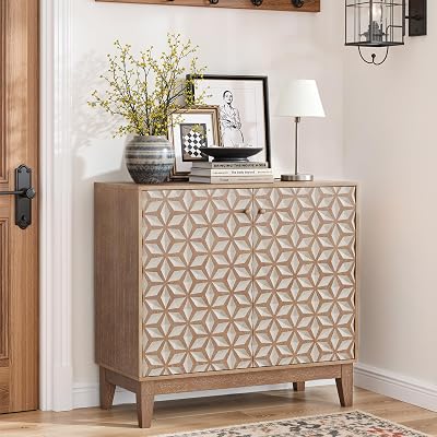 31.5 Sideboard Cabinet with 2 Doors & Adjustable Shelves, Wooden Decorative Storage Cabinet for Living Room, Dining Room & Kitchen, Farmhouse Rustic Accent Cabinet with Solid Wood Legs.