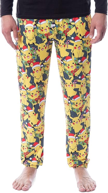 Mad Engine Pokemon Mens' Pikachu Christmas Santa Toss Print Sleep Pajama Jogger Pants