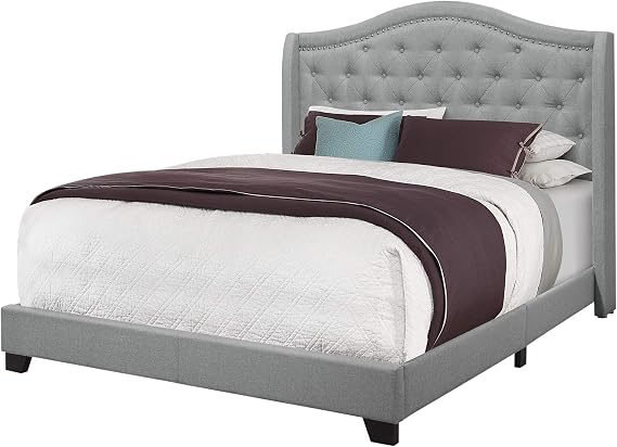 Monarch Specialties I Size/Grey Linen with Chrome Trim Queen Bed,
