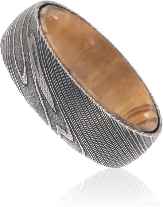 The Jewelry Source 7mm Wide Damascus Steel Ring Etched Damascus Steel Bands Wedding Rings with a Olive Wood Sleeve