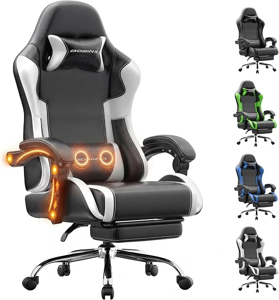 Dowinx Gaming Chair Ergonomic, Massage Lumbar Support, Footrest, Adjustable Height & Headrest Pillow, Heavy Duty 330lbs Office Chair, Comfortable for Back Pain Relief Long Gaming Streaming Black White