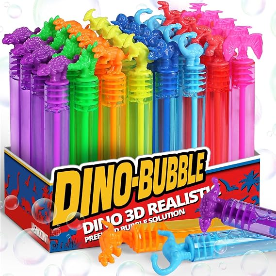 32 Pack Neon Mini Dinosaur Dino Bubble Wands, Party Favors for Kids | Carnival Prizes, Treasure Box, Goody Bag Stuffers, Pinata Filler, Birthday Decorations, for Kids, Girl Boy