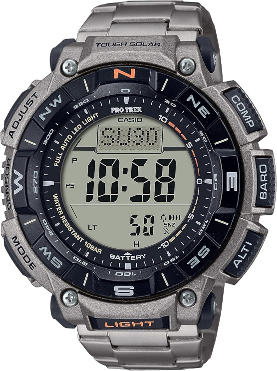 Casio PRG340 Series | Pro Trek | 100 Meter Water Resistant | Compass | Alt/Baro-Thermo | Tough Solar Power | 1-100 SEC Stopwatch | Countdown Timer | World Time, Silver, PRG-340T-7CR