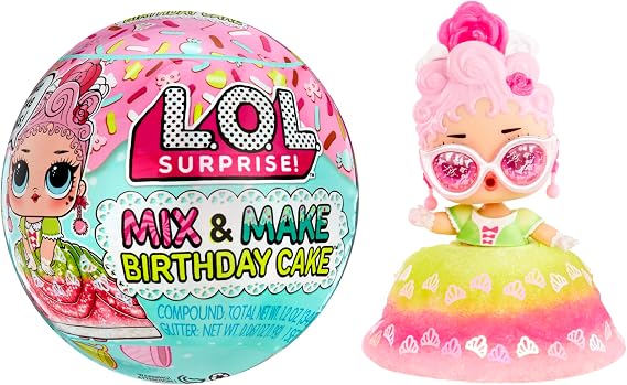 L.O.L. Surprise! Mix & Make Birthday Cake Tots - With Collectible Doll, DIY Cake Dress, Cake Making and Decorating, Ingredients and Glitter Sprinkles - Cake Dress Doll - Great for Girls Ages 3+