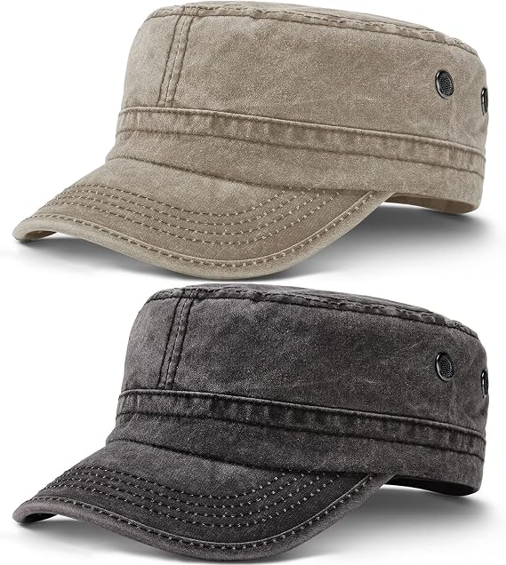 Geyoga 2 Pack Military Cadet Army Cap for Men Women, Washed Cotton Vintage Adjustable Flat Top Hat