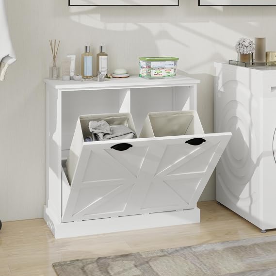 Tilt-Out Laundry Sorter Cabinet,Hidden Laundry Cabinet with 2 Laundry Storage Baskets,Farmhouse Laundry Hamper Cabinet, Laundry Room Cabinets,Storage Cabinet for Bathroom, Laundry Room,Kitchen,Balcony