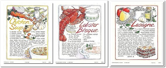 Impact Posters Gallery Wall Decor Art Print Homemade Lobster Bisque, Chicken Soup And Lasagne Recipe Cafe Kitchen Three Set 8x10 Poster Picture
