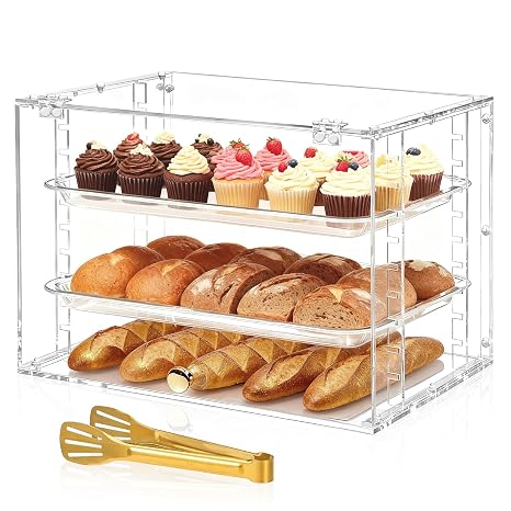 Acrylic Pastry Display Case, 2-Tray Bread Box Countertop | 4mm Acrylic, 2 Removable Trays, Dustproof, 14.2x10.6x11.8 in, for Bakery & Home