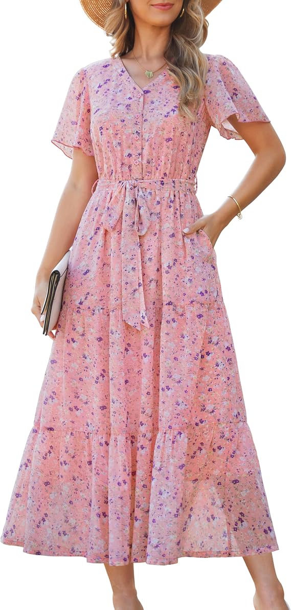 Annebouti Women Spring Summer 2026 Wedding Guest Removable-Belt Chiffon Button-Front Elegant Maxi Dress with Pockets